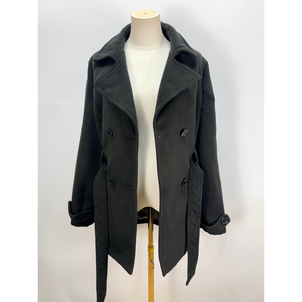 Joujou Womens Black Wool Blend Double Breasted Peacoat Belted XL 580JP